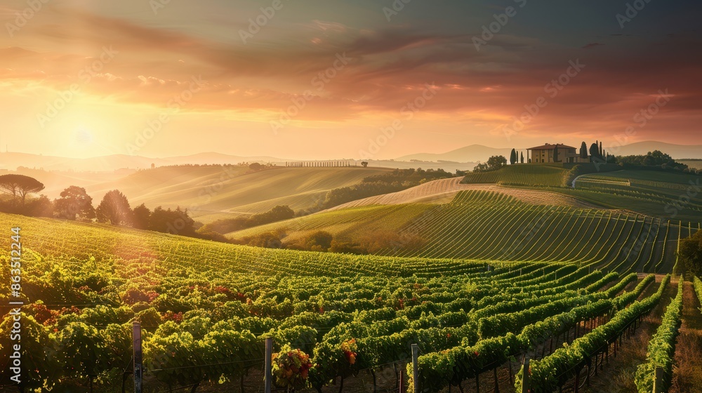 Fototapeta premium Stunning Sunset Over Rolling Vineyards in Tuscany, Italy with a Picturesque Farmhouse in the Distance