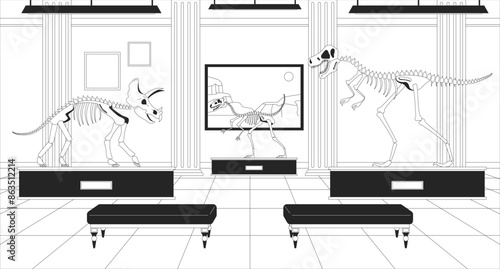 Dinosaur exhibition museum black and white line illustration. Natural history exhibits 2D interior monochrome background. Prehistoric times dino bones, fossils gallery outline scene vector image