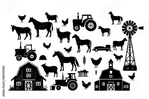 Set of farm life silhouette vector depicting agriculture and rural scenes. Includes barn, tractor, crops, livestock, and family. Black and white icons of countryside nature, architecture, and agrarian