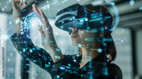 A young woman uses a VR headset, engaging with holographic interfaces in a virtual environment, highlighting advanced technology.
 photo