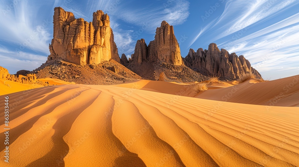 Naklejka premium Exploring Tassili Caves in the Algerian Desert: Golden Sands and Cultural Riches