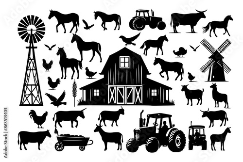 Set of farm life silhouette vector depicting agriculture and rural scenes. Includes barn, tractor, crops, livestock, and family. Black and white icons of countryside nature, architecture, and agrarian
