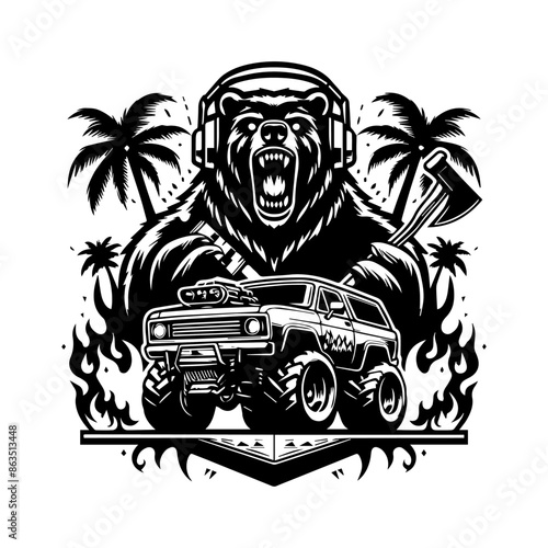car monster and angry bear design logo for T-shirt