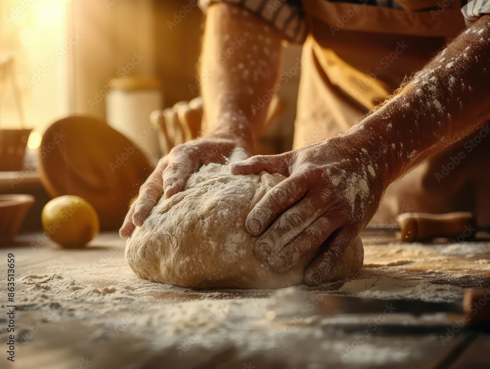 Hands Kneading Dough on a Floured Surface in a Sunlit Kitchen, Capturing the Art of Baking at Home Hands Kneading Dough on a Floured Surface in a Sunlit Kitchen, Capturing the Art of Baking at Home