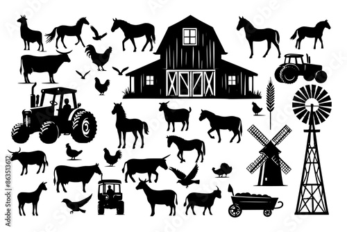 Set of farm life silhouette vector depicting agriculture and rural scenes. Includes barn, tractor, crops, livestock, and family. Black and white icons of countryside nature, architecture, and agrarian