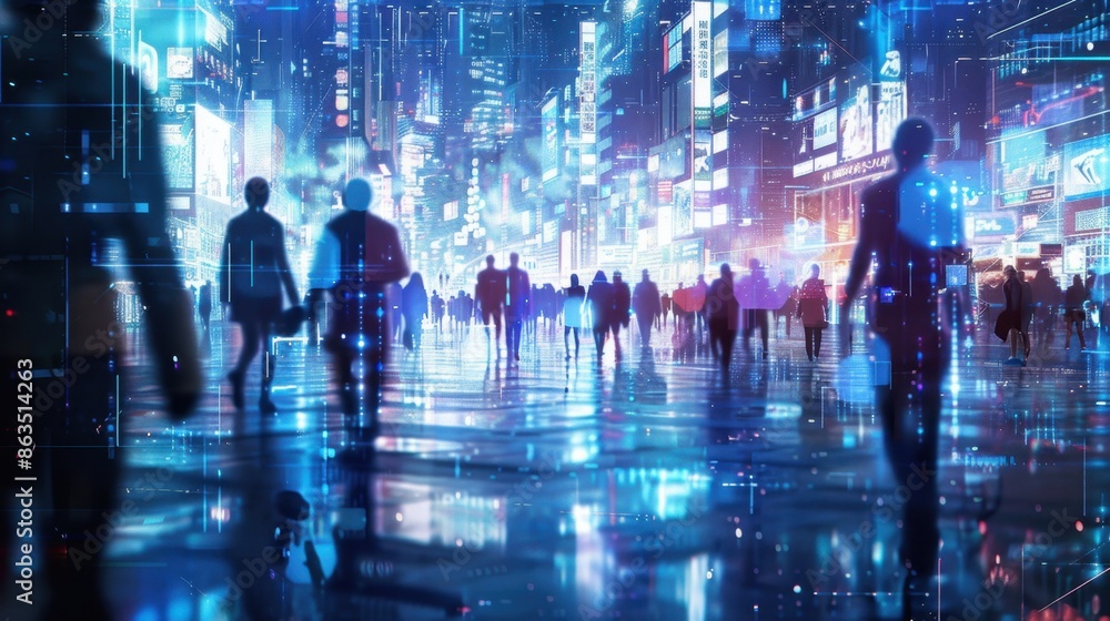 Blue holographic figures walk through a futuristic digital city, creating a sci-fi atmosphere against a dark background.
Blue holographic figures walk through a futuristic digital city, creating a sci-fi atmosphere against a dark background.