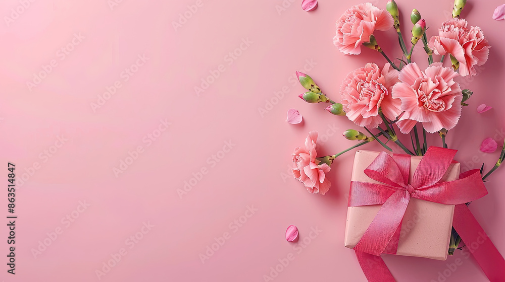 Fototapeta premium A greetings card with beautiful pink flowers on a pink background. Valentines Day and Mother's Day concept. Valentines day, wedding or birthday gift card. Pink flower and gift on pink background. 
