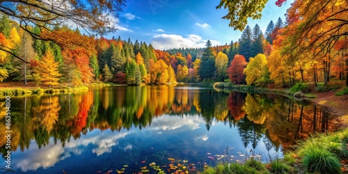 Forest glade at fall with a lake, surrounded by colorful trees and serene water , autumn, foliage, tranquil, peaceful, nature photo