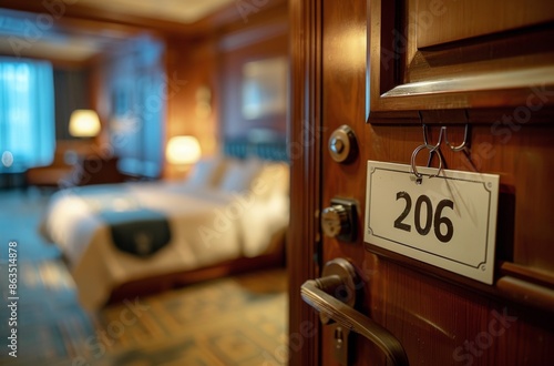 Open Doorway to a Luxurious Hotel Room With King-Sized Bed