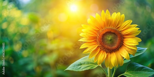 Vibrant sunflower with green leaves, sunflower, yellow, petals, plant, nature, floral, bloom, vibrant, sunny, garden, sunlight