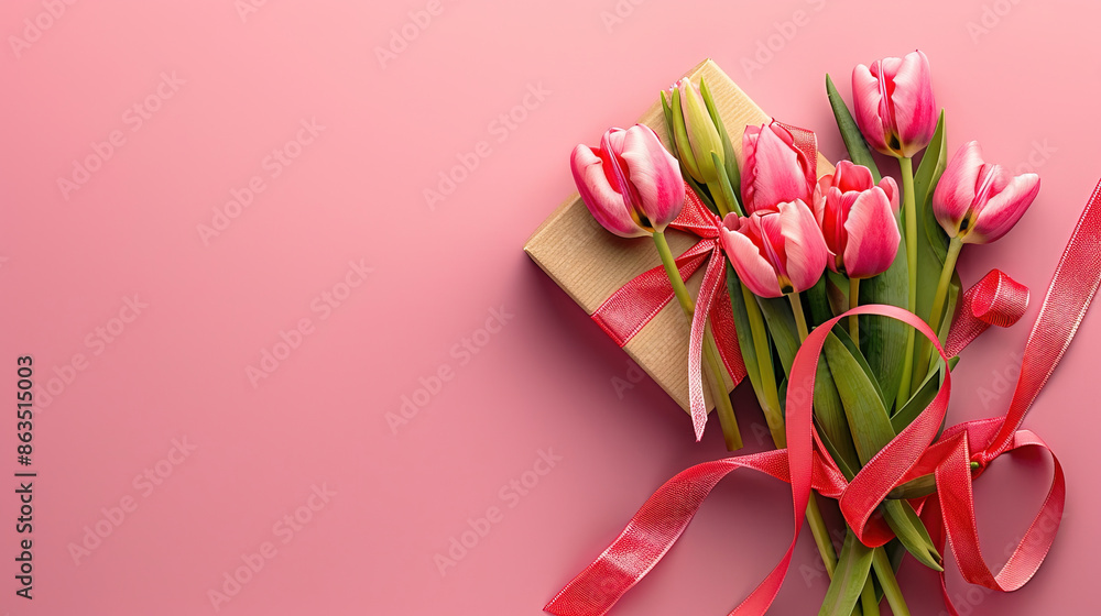 Fototapeta premium Pink flower and gift on pink background. Beautiful bunch of pink tulips flowers. Valentines Day. Mother's Day. Wedding or birthday gift card. Women's day. Copy space area for text