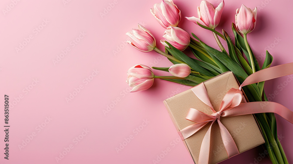 Pink flower and gift on pink background. Beautiful bunch of pink tulips flowers. Valentines Day. Mother's Day. Wedding or birthday gift card. Women's day. Copy space area for text. Pink flower and gift on pink background. Beautiful bunch of pink tulips flowers. Valentines Day. Mother's Day. Wedding or birthday gift card. Women's day. Copy space area for text.