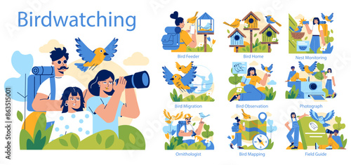 Birdwatching. Flat Vector Illustration