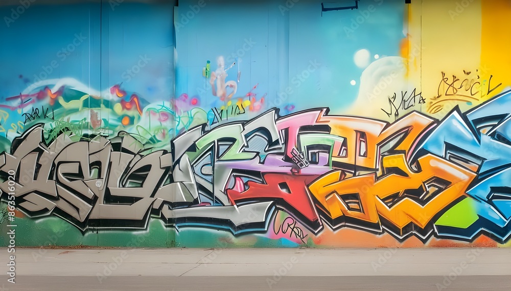 An urban background with a gritty, textured wall covered in graffiti art An urban background with a gritty, textured wall covered in graffiti art