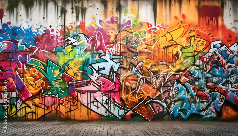 Naklejka premium An urban background with a gritty, textured wall covered in graffiti art