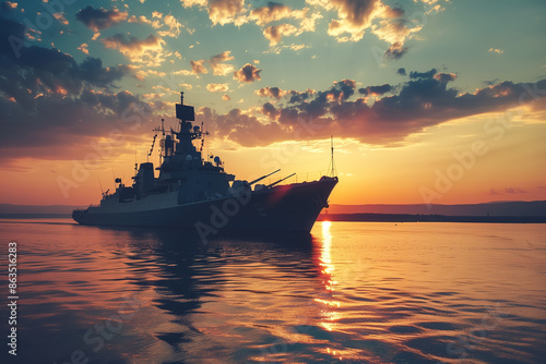 Battleship Charcoal Sunset: Warship Among Naval Fleet at Dusk