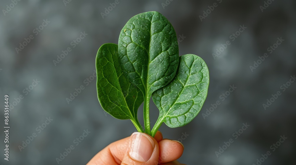 Close-up of a hand holding fresh spinach leaves against a dark background, highlighting their vibrant green color and natural texture. Close-up of a hand holding fresh spinach leaves against a dark background, highlighting their vibrant green color and natural texture.