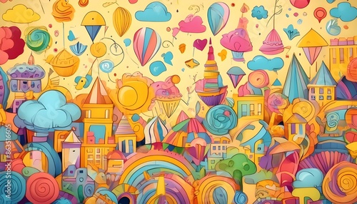 A whimsical background with playful, colorful doodles and icons scattered across a light yellow backdrop