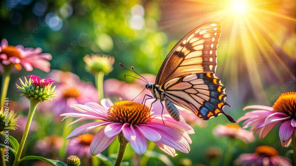Vibrant butterfly with delicate wings perched on a soft pink flower, surrounded by lush greenery and warm sunlight in a serene summer garden setting. Vibrant butterfly with delicate wings perched on a soft pink flower, surrounded by lush greenery and warm sunlight in a serene summer garden setting.