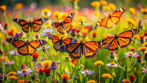 Delicate monarch butterflies with distinctive orange and black wings, scattered on a lush green meadow, surrounded by vibrant wildflowers on a warm sunny day. photo
