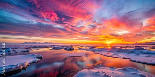 Arctic sunset with pink and orange hues over icy landscape, Arctic, sunset, dusk, pink sky, orange sky, icebergs photo