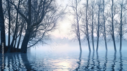 Tranquil lake at dawn with sunlight piercing fog amidst leafless spring trees under a clear sky