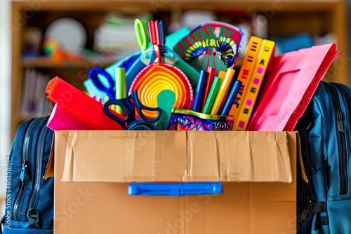 Box of Colorful School Supplies and Backpacks photo