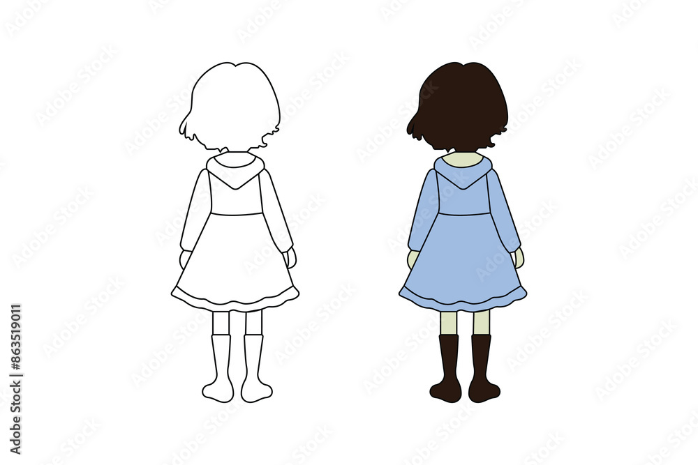 Little girl standing back side view outline vector isolated on white background. Little girl standing back side view outline vector isolated on white background.