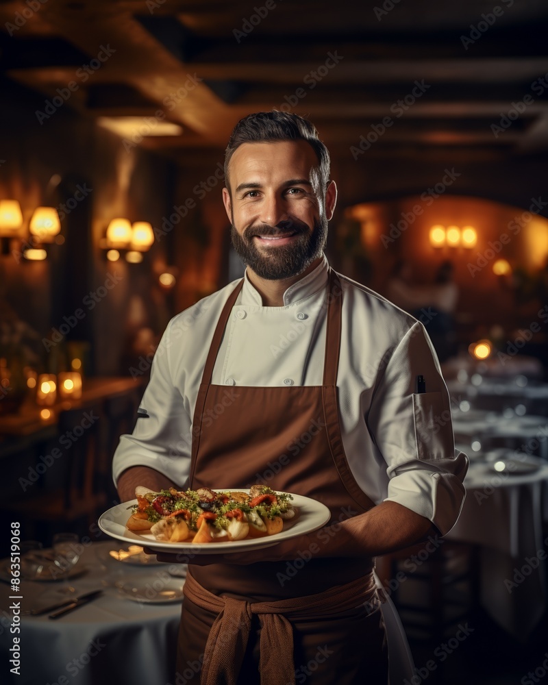 Confident chef presenting a dish, soft warm light, close-up, sophisticated restaurant interior. Confident chef presenting a dish, soft warm light, close-up, sophisticated restaurant interior.