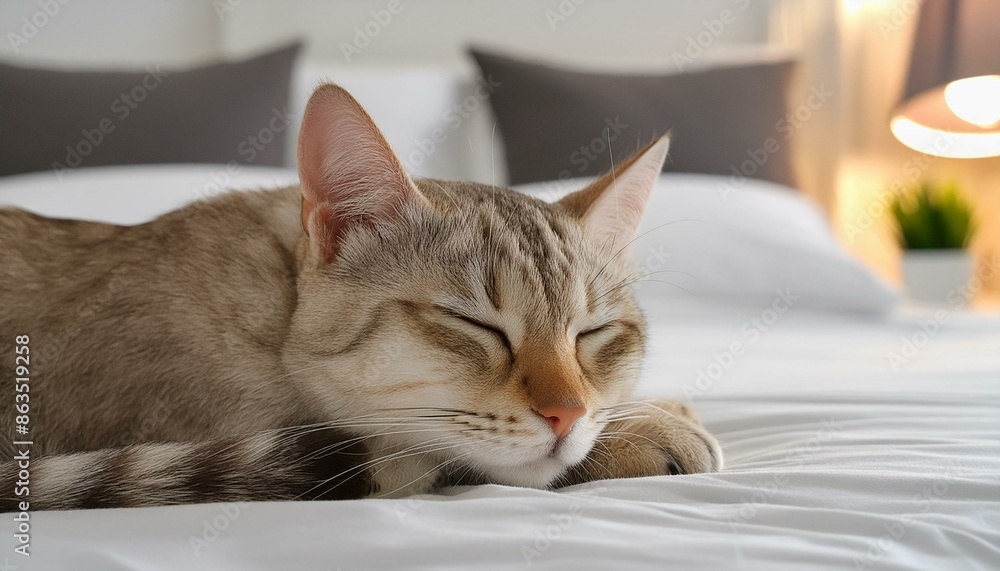 Cat sleeping on bed in bedroom, close up Cat sleeping on bed in bedroom, close up