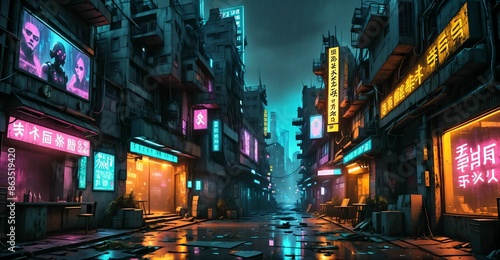 cyberpunk futuristic dystopian city street strip with shops, stores, and markets in urban downtown plaza. sci-fi civilization narrow market district.