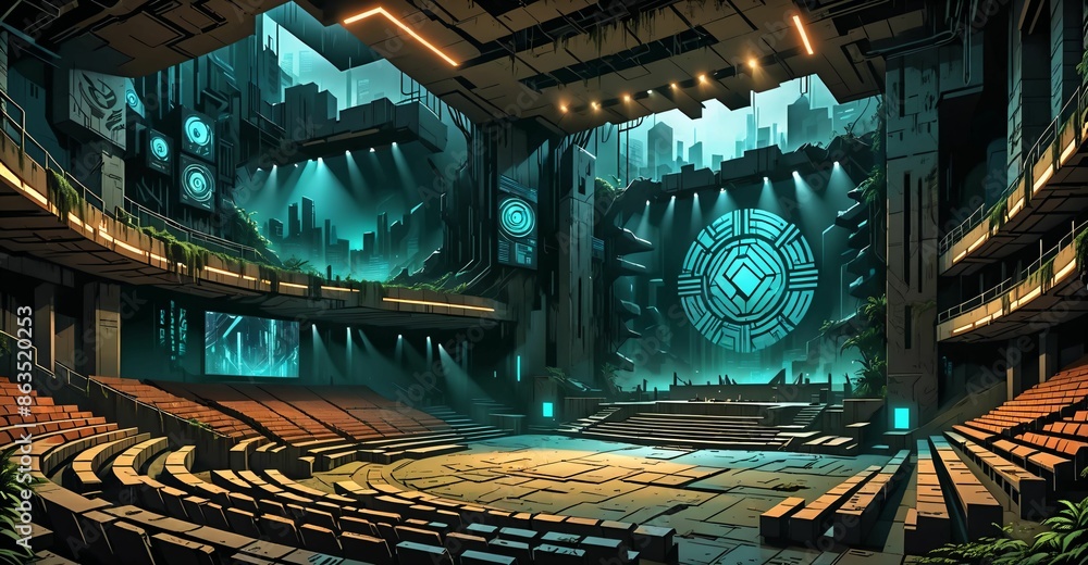 Obraz premium cyberpunk stadium theatre stage in futuristic auditorium amphitheater. sci-fi dystopian city. rows of seating and large display screen.