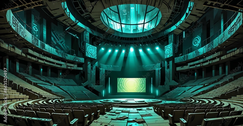 Obraz premium cyberpunk stadium theatre stage in futuristic auditorium amphitheater. sci-fi dystopian city. rows of seating and large display screen.