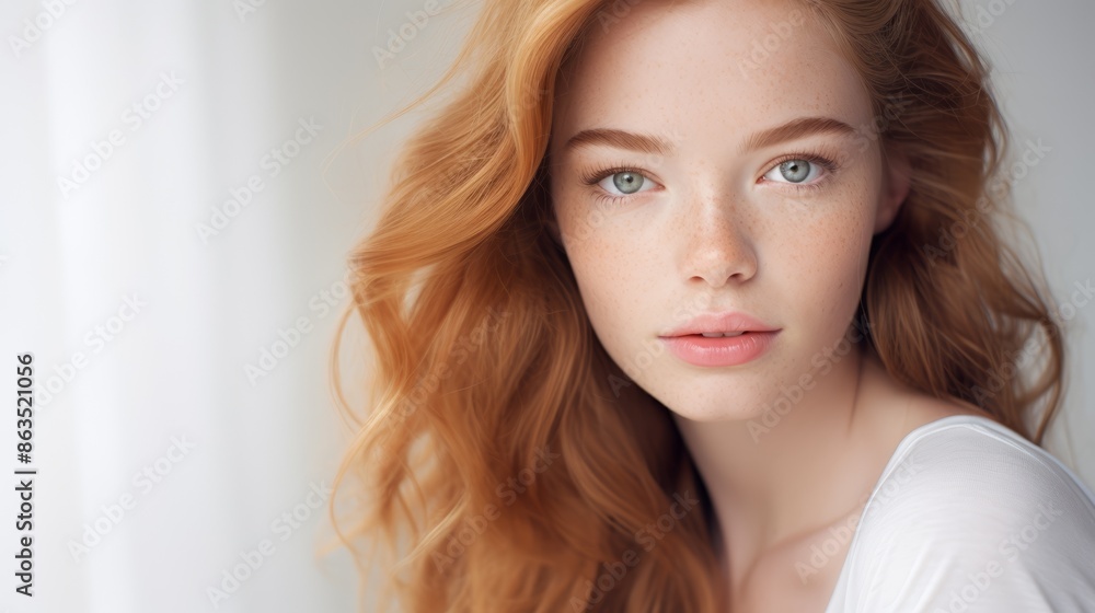 Woman's serene expression, glowing skin, high-key lighting, pristine white background. Woman's serene expression, glowing skin, high-key lighting, pristine white background.