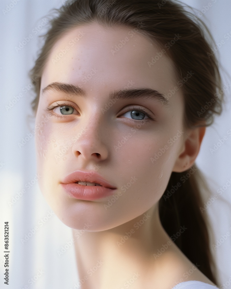 Naklejka premium Youthful face with clear skin, gentle lighting, close-up, bright white backdrop.