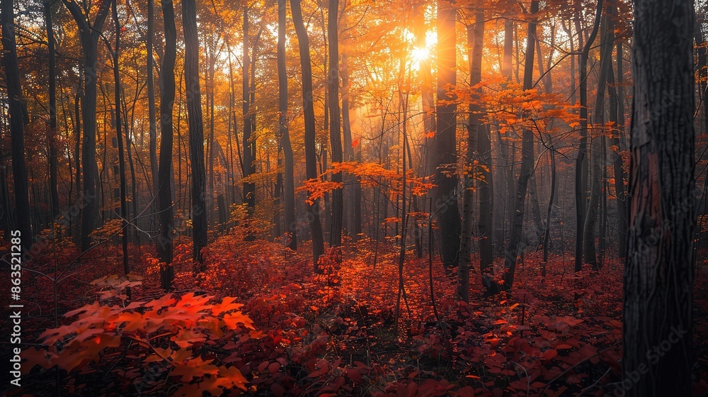 Fototapeta premium Autumnal Vertical Landscape: American Ivy Trees in Rich Reddish Hues