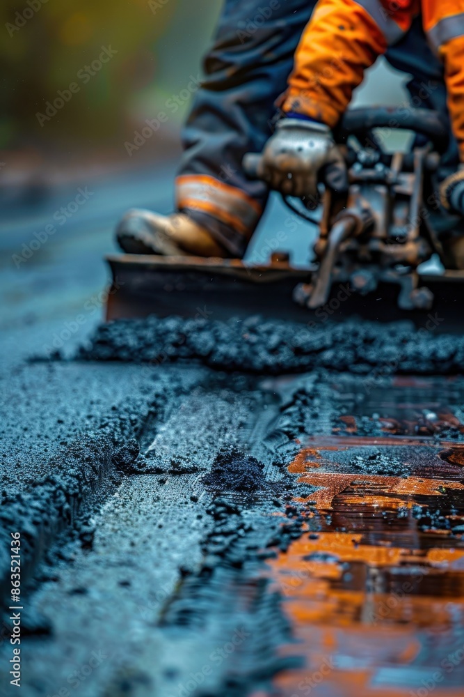 road construction worker paving new asphalt road construction worker paving new asphalt