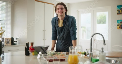Wallpaper Mural Tablet, face or man in home cooking healthy food for online recipe, vegan diet or dinner in kitchen. Portrait, natural nutrition or person with smile in lunch preparation for meal steps or dish tips Torontodigital.ca
