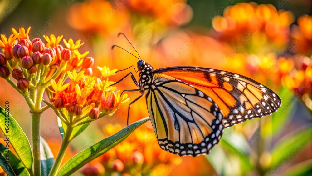 Obraz premium A vibrant monarch butterfly sips sweet nectar from delicate native milkweed flowers, its intricate orange and black wings glistening in warm sunlight.