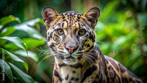Majestic adult clouded leopard neofelis nebulosa in its natural habitat, showcasing its striking coat with dark cloud-like markings, ears perked up, eyes alert.