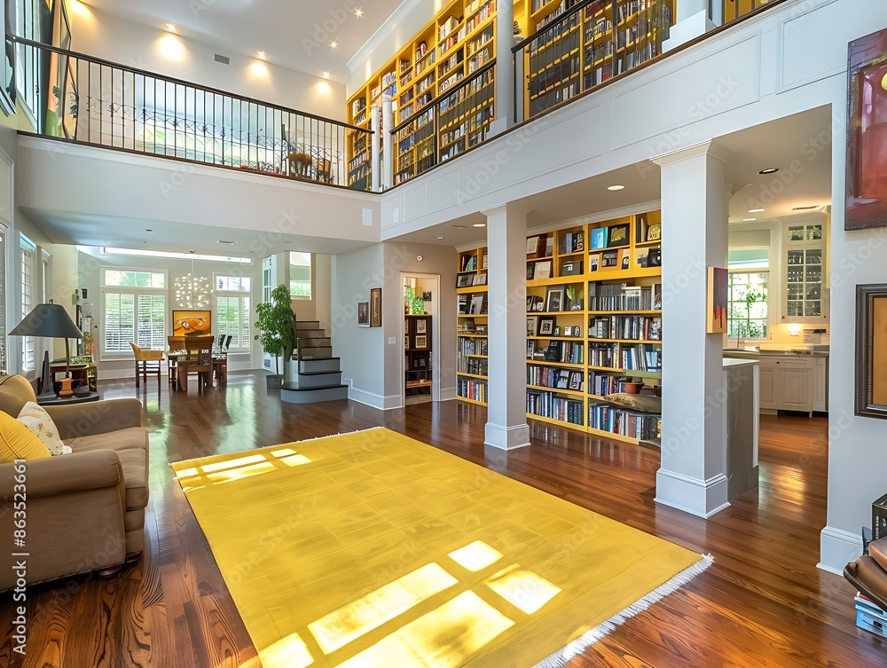 Spacious living room with hardwood floors, featuring a yellow area rug, high ceilings, and a stylish bookshelf in a luxury home. Provides a view of the kitchen, entryway, and second-story loft. Spacious living room with hardwood floors, featuring a yellow area rug, high ceilings, and a stylish bookshelf in a luxury home. Provides a view of the kitchen, entryway, and second-story loft.