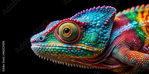 Close up of a colorful panther chameleon against a black background, panther chameleon, reptile, colorful, vibrant, exotic