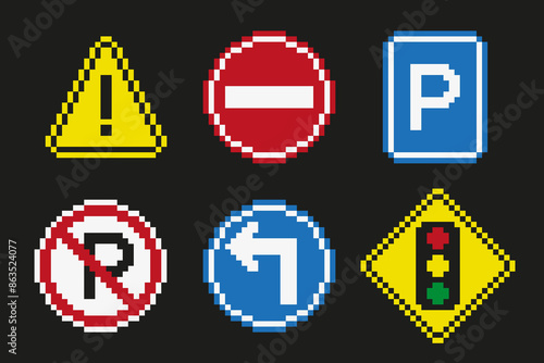 Collection set of pixel art sign road, traffic signs. Vector illustration on isolated background