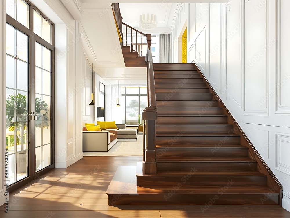 Obraz premium Spacious new apartment living room with brown wooden stairs, white walls, yellow accents, minimalistic design, large windows, open layout, bright atmosphere.