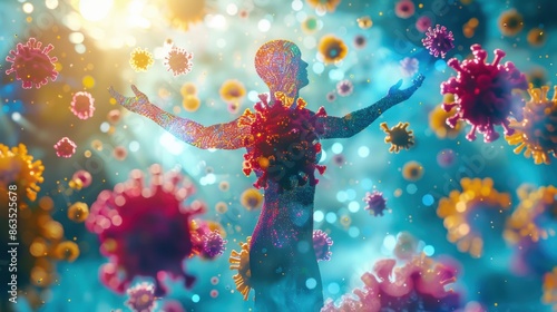 A person surrounded by colorful immune system cells, representing the potential for sun exposure to enhance the immune system's function.