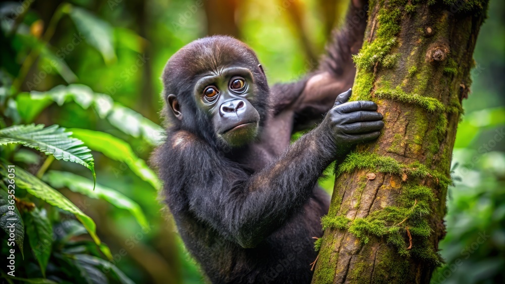 Adorable young gorilla child grasping a thick tree trunk with tiny hands and feet, slowly making its way up amidst lush green jungle foliage. Adorable young gorilla child grasping a thick tree trunk with tiny hands and feet, slowly making its way up amidst lush green jungle foliage.