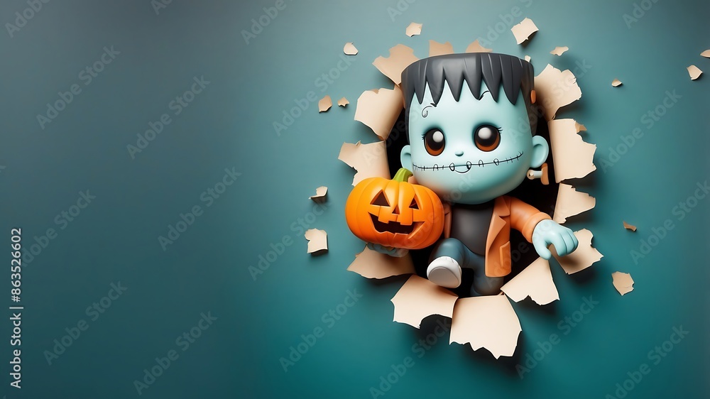 3d cute frankenstein for Halloween poster peeking out of a hole in the wall, jumps out of a torn hole 3d cute frankenstein for Halloween poster peeking out of a hole in the wall, jumps out of a torn hole