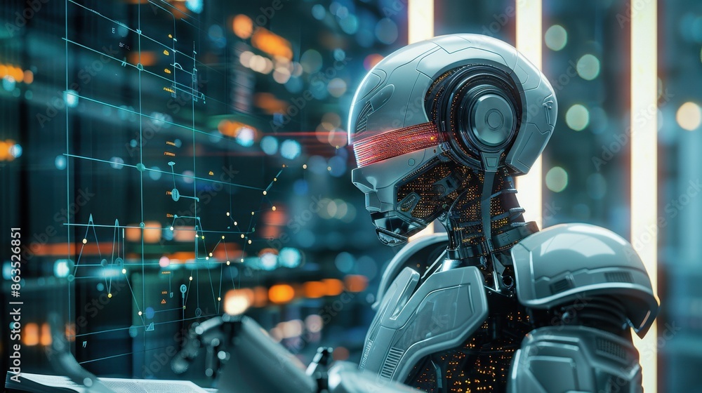 CyberneticA robot is holding a cell phone and is wearing a red visor. The robot is surrounded by red and blue lights, giving the image a futuristic and technological feel CyberneticA robot is holding a cell phone and is wearing a red visor. The robot is surrounded by red and blue lights, giving the image a futuristic and technological feel