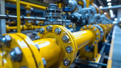 Yellow pipes and valves in a factory manufacturing infrastructure, showcasing modern business facility installation and pipeline engineering