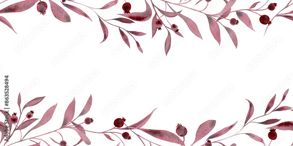 Monochrome burgundy twigs with leaves and berries. Seamless frame, banner isolated on white background. Hand drawn watercolor illustration. For design, invitations, cards, decoration Monochrome burgundy twigs with leaves and berries. Seamless frame, banner isolated on white background. Hand drawn watercolor illustration. For design, invitations, cards, decoration
